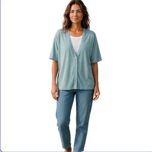 Poetry Hemp Organic Cotton Button-Up Cardigan Short Sleeve Pockets Blue Size 14